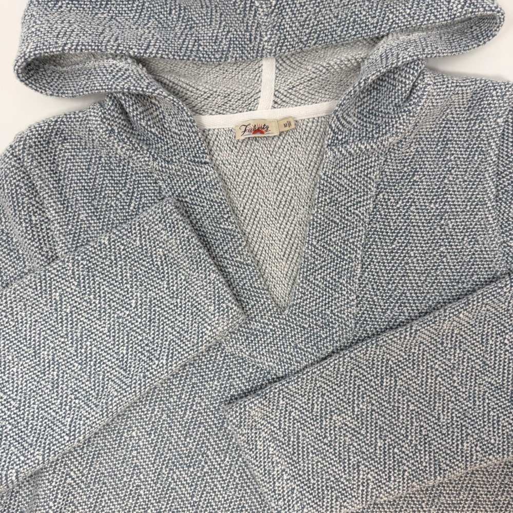 Faherty Womens Herringbone Knit V-Neck Hoodie Blue White Medium